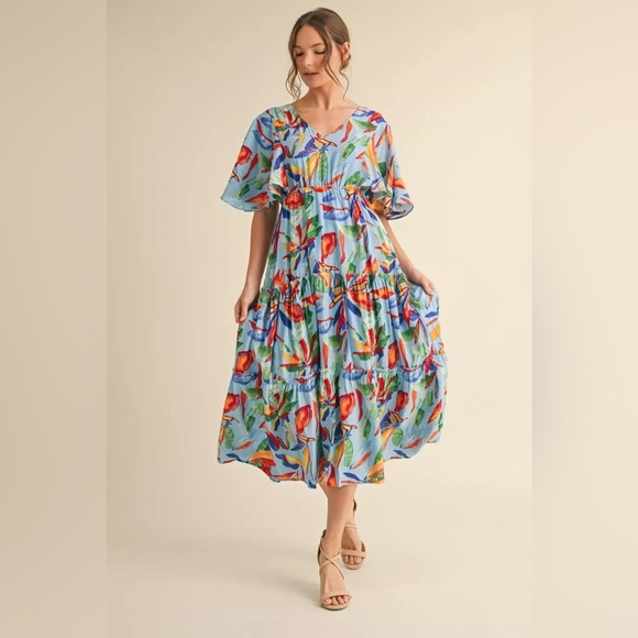 Dresses & Skirts - #43 V-Neck Blue Tropical Print Midi Dress
